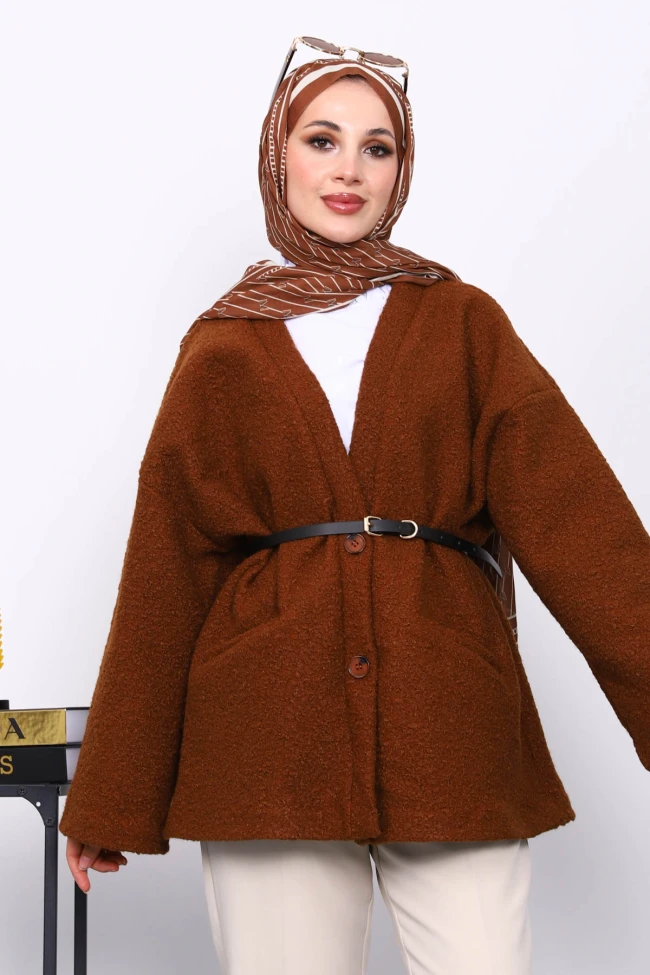 Kahverengi Kemerli Oversize Buklet Ceket