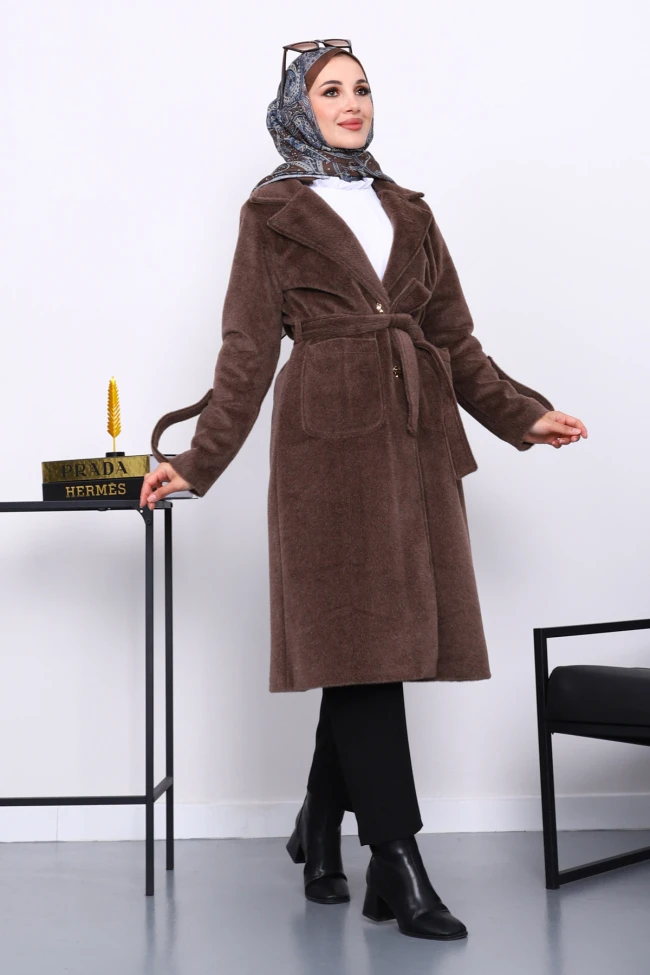 Kahverengi Kruvaze Yaka Kol Apoletli Angora Kaban