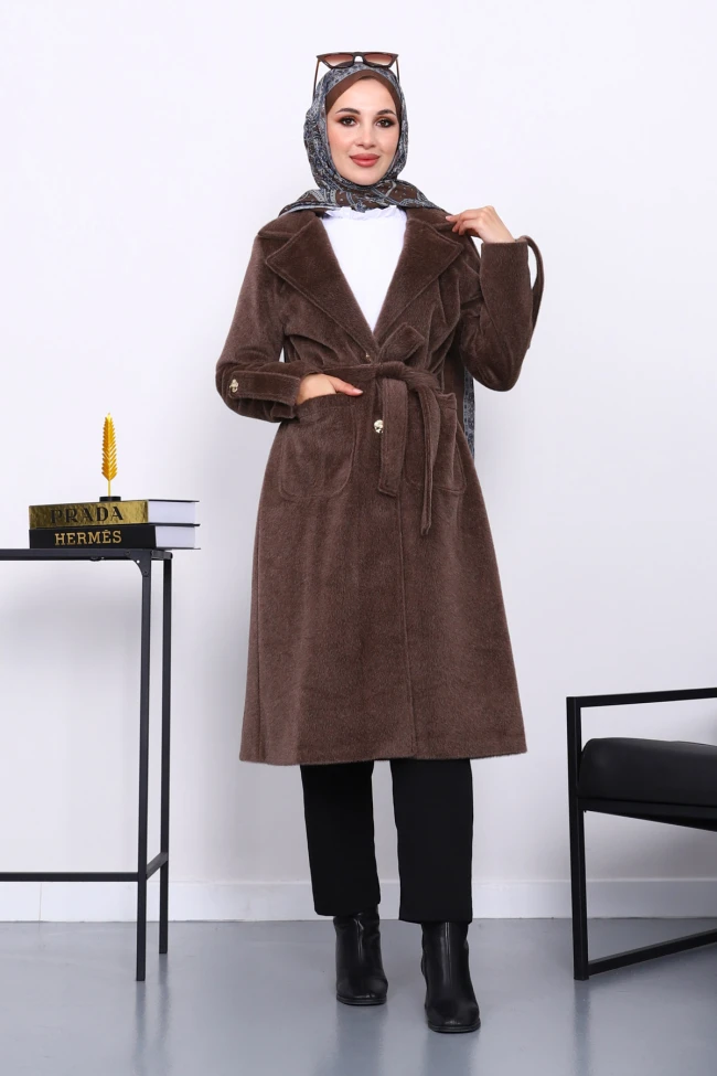 Kahverengi Kruvaze Yaka Kol Apoletli Angora Kaban