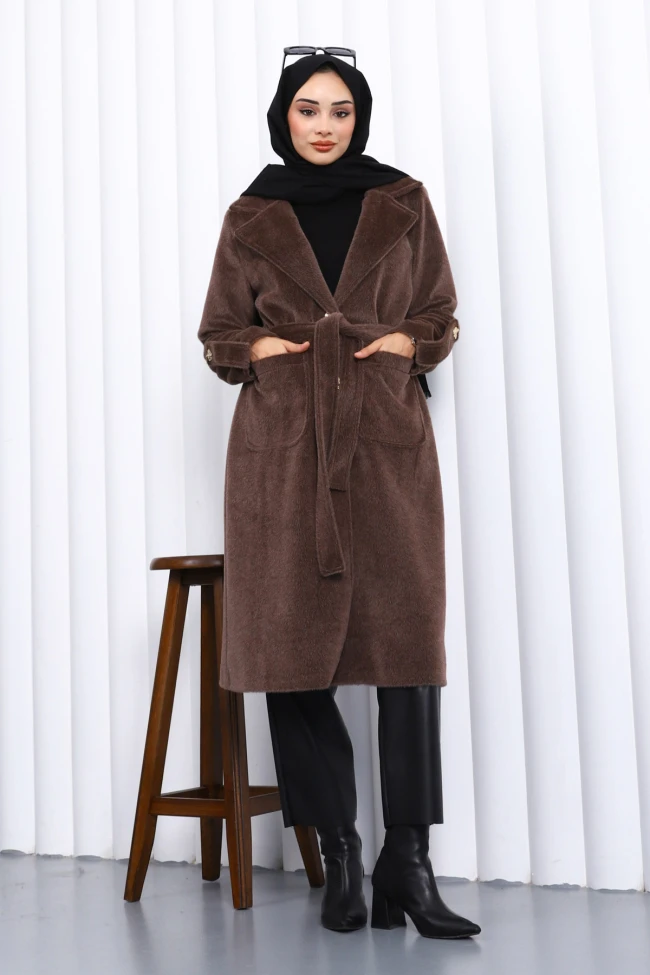 Kahverengi Kruvaze Yaka Kol Apoletli Angora Kaban