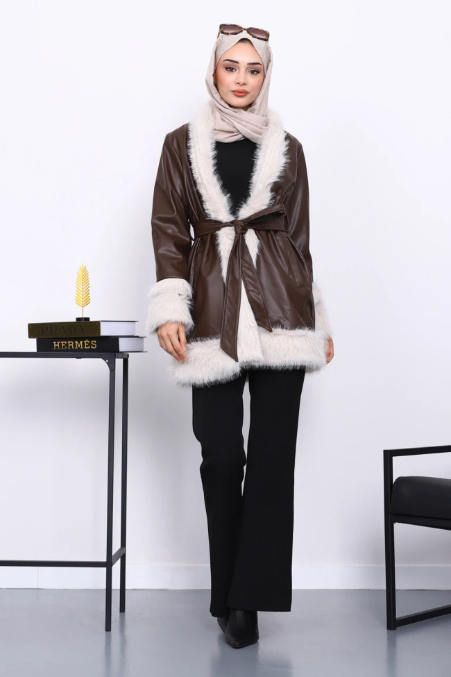 Kahverengi Kürk Detaylı Kuşaklı Deri Trenç Ceket