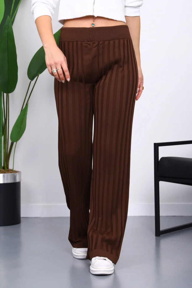 Kahverengi Yüksek Bel Fitilli Bol Paça Triko Pantolon