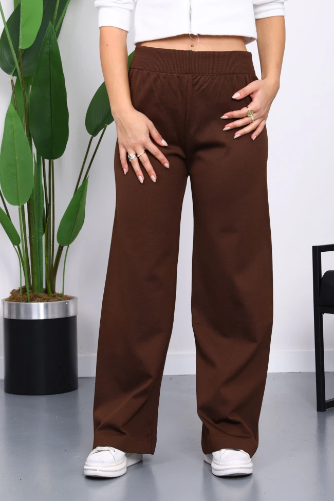 Kahverengi Yüksek Bel Fitilli Bol Paça Triko Pantolon