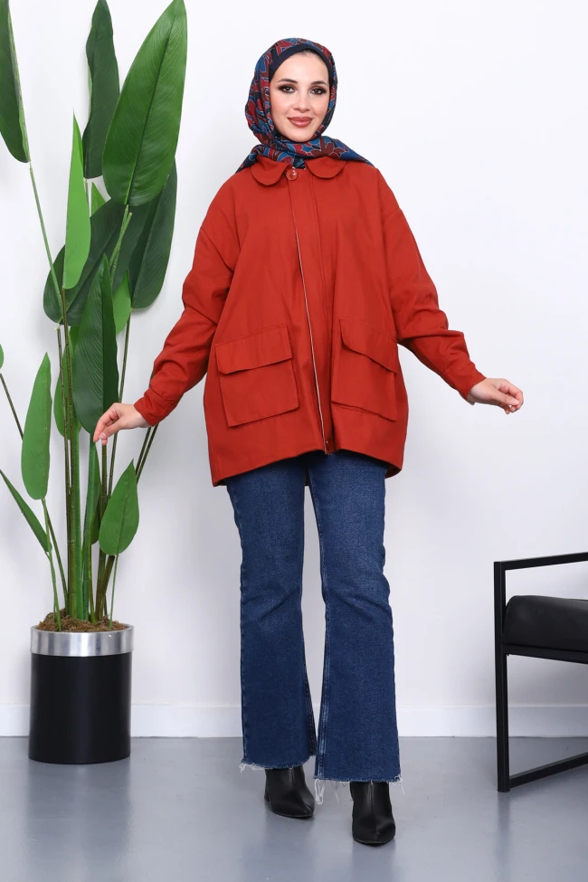 Kiremit Cep Detaylı Fermuarlı Gabardin Ceket