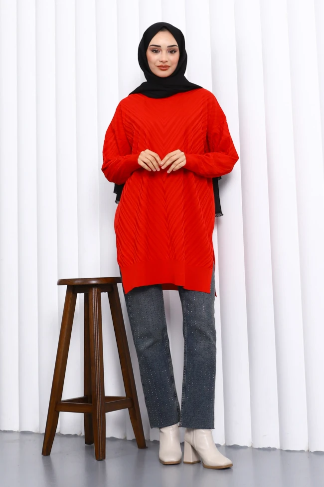 Kırmızı Bisiklet Yaka Soğuk İplik Triko Tunik