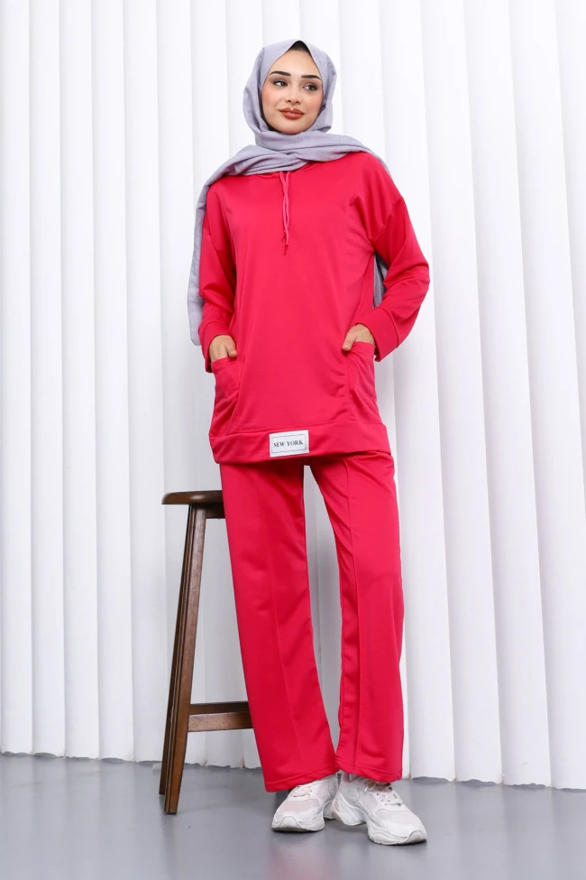 KOYU FUŞYA Önü Etiketli İki İplik Tesettür Takım