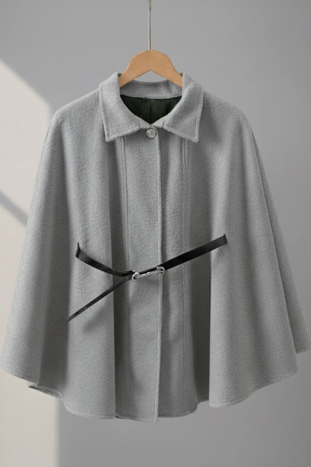 Koyu Gri Kemerli Kaşe Panço