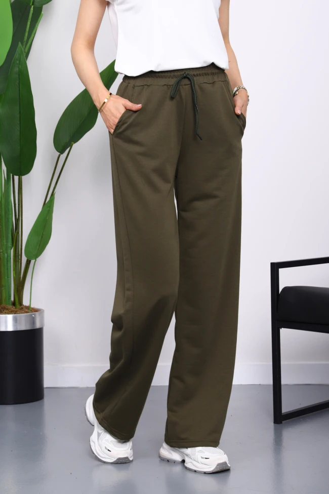 Koyu Haki Bel Lastikli İki İplik Palazzo Eşofman Alt