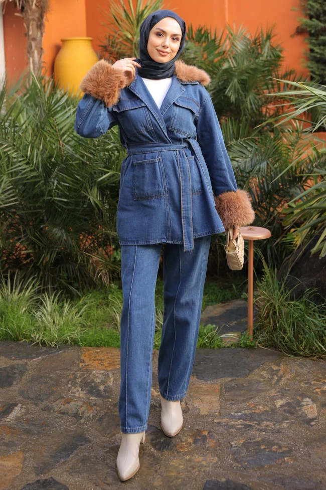 Koyu Mavi Kol Yaka Kürklü Kot Ceket Pantolonlu Takım