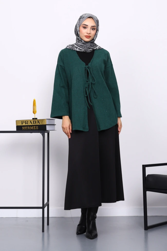 Koyu Yeşil Ön Bağlamalı Yumoş Kimono