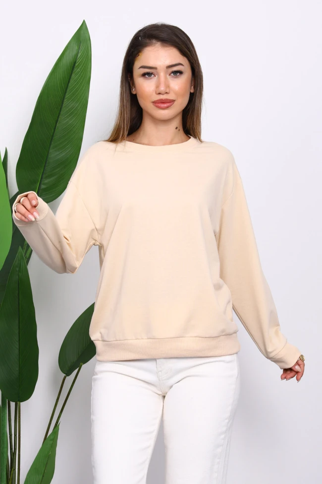 Krem Bisiklet Yaka İki İplik Sweatshirt