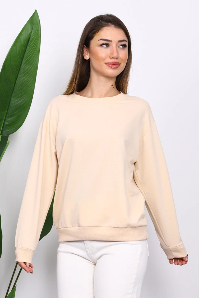 Krem Bisiklet Yaka İki İplik Sweatshirt