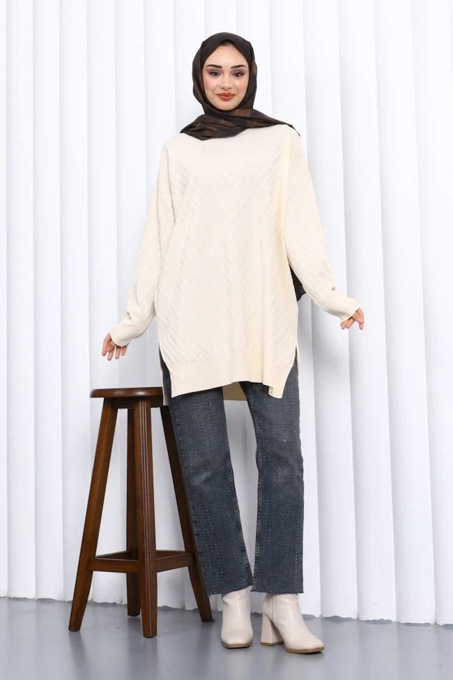 Krem Bisiklet Yaka Soğuk İplik Triko Tunik