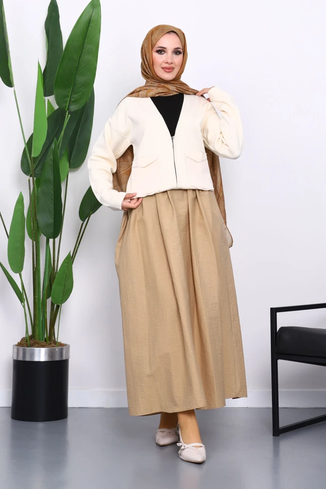 Krem Çift Cepli Fermuarlı Triko Hırka