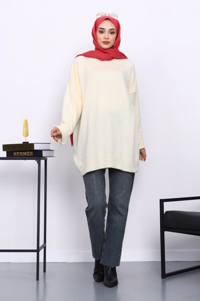 Krem Dik Yaka Oversize Triko Kazak