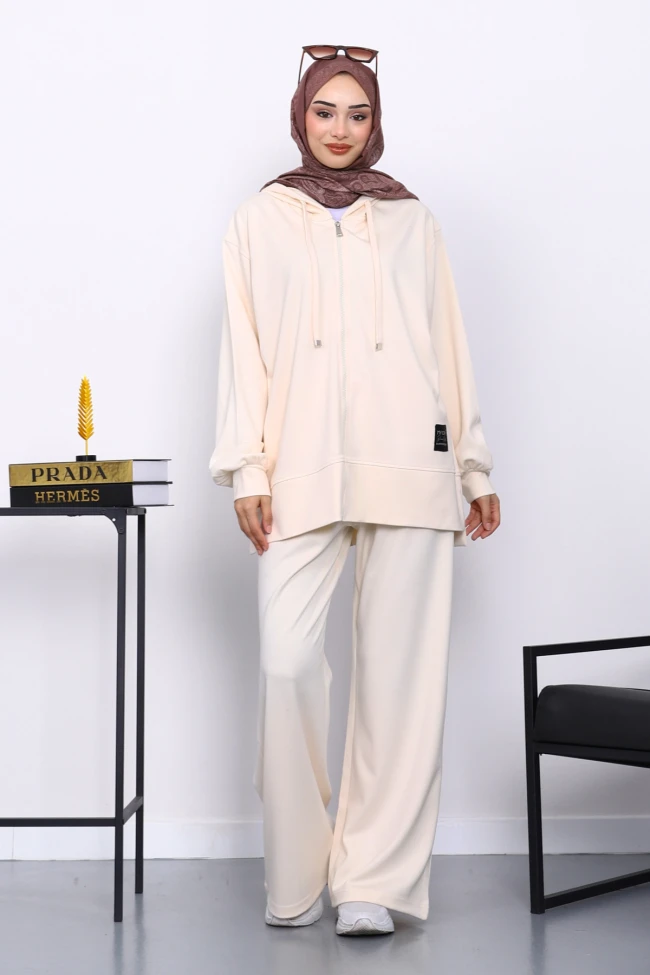 Krem Fermuarlı Tunik Pantolonlu Takım