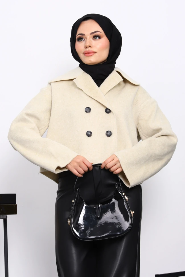 Krem Kısa Düğmeli Kaşe Ceket