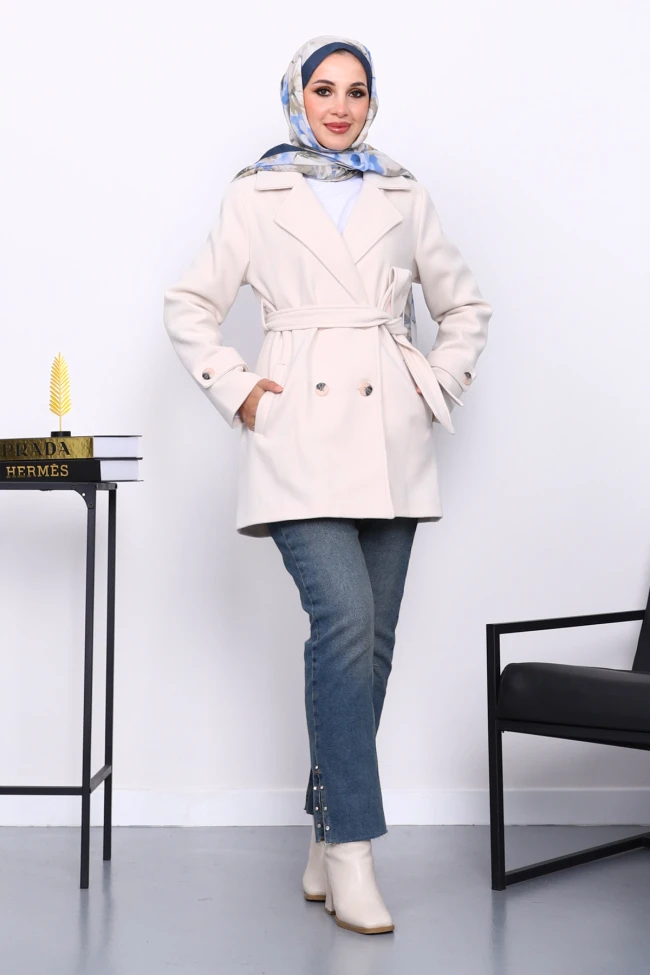 Krem Kruvaze Yaka Çift Düğmeli Kaşe Kaban