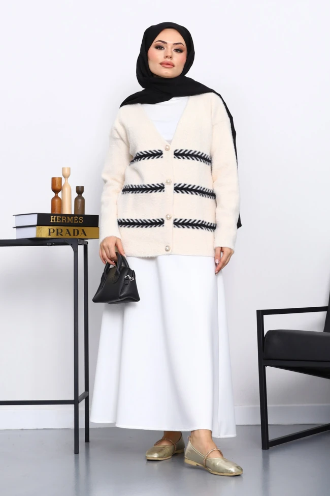 Krem V Yaka Angora Yumoş Hırka