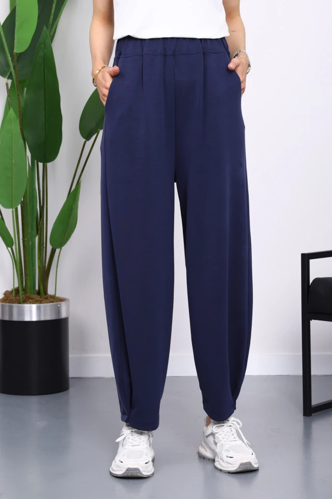 Lacivert Bel Lastikli Cepli Pantolon