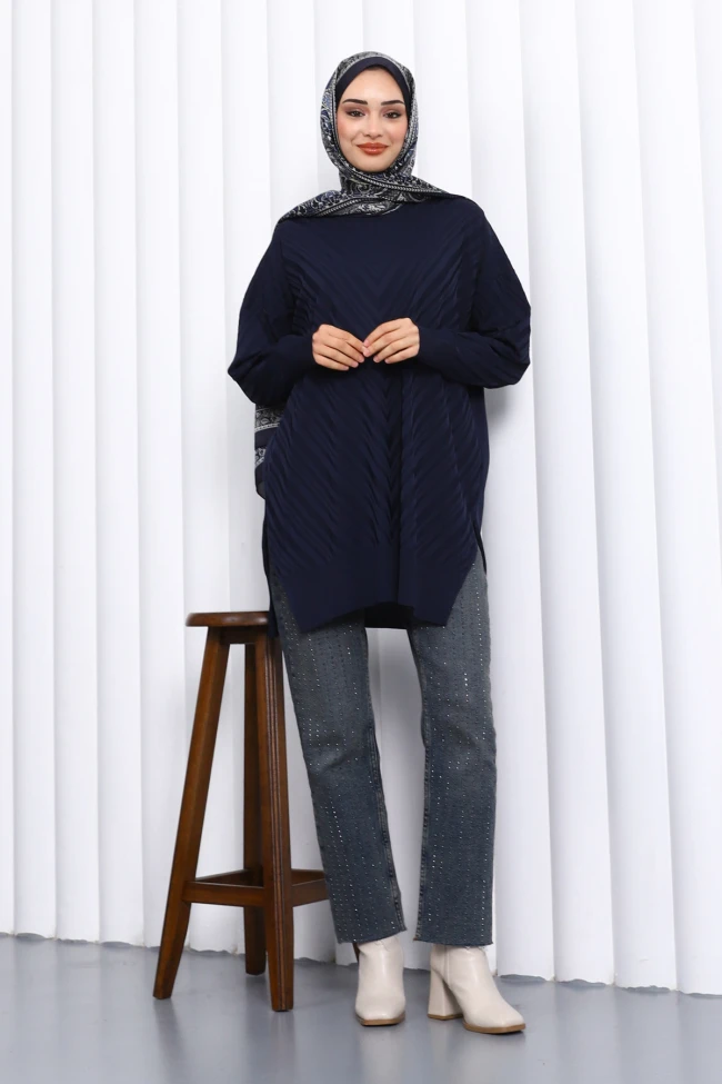 Lacivert Bisiklet Yaka Soğuk İplik Triko Tunik