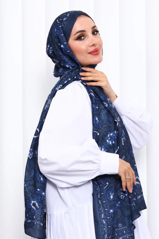 Lacivert Desenli Soft Dijital Şal