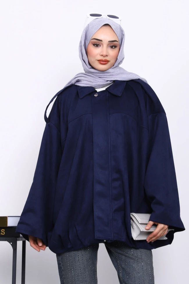 Lacivert Eteği Pileli Oversize Süet Ceket