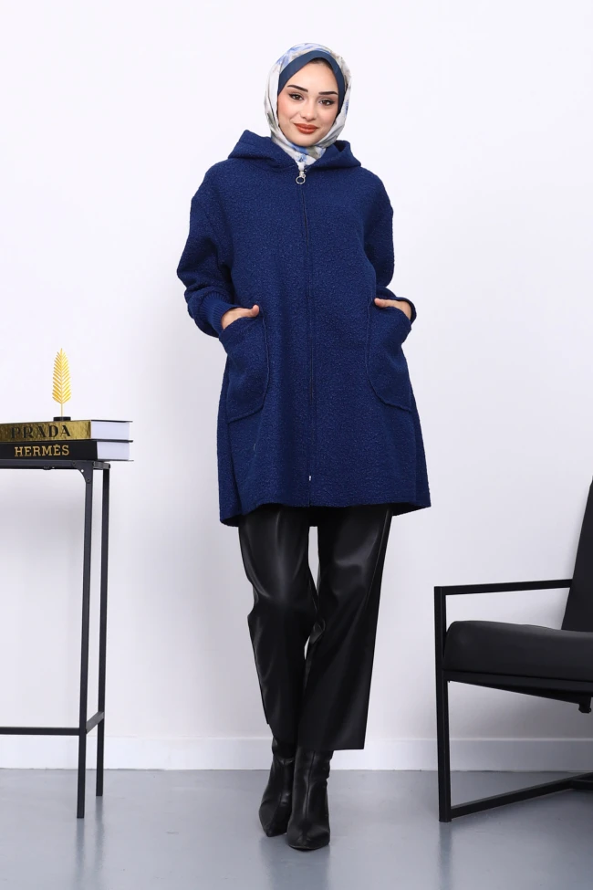 Lacivert Fermuarlı Cepli Buklet Kaban