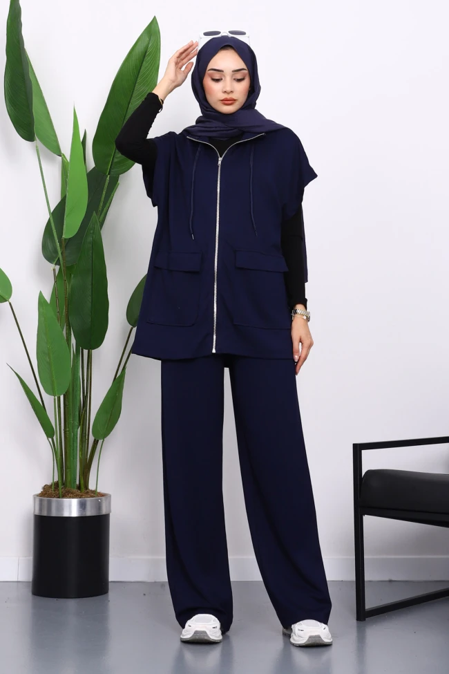 Lacivert Fermuarlı Çift Cepli Modal Yelek Pantolonlu Takım
