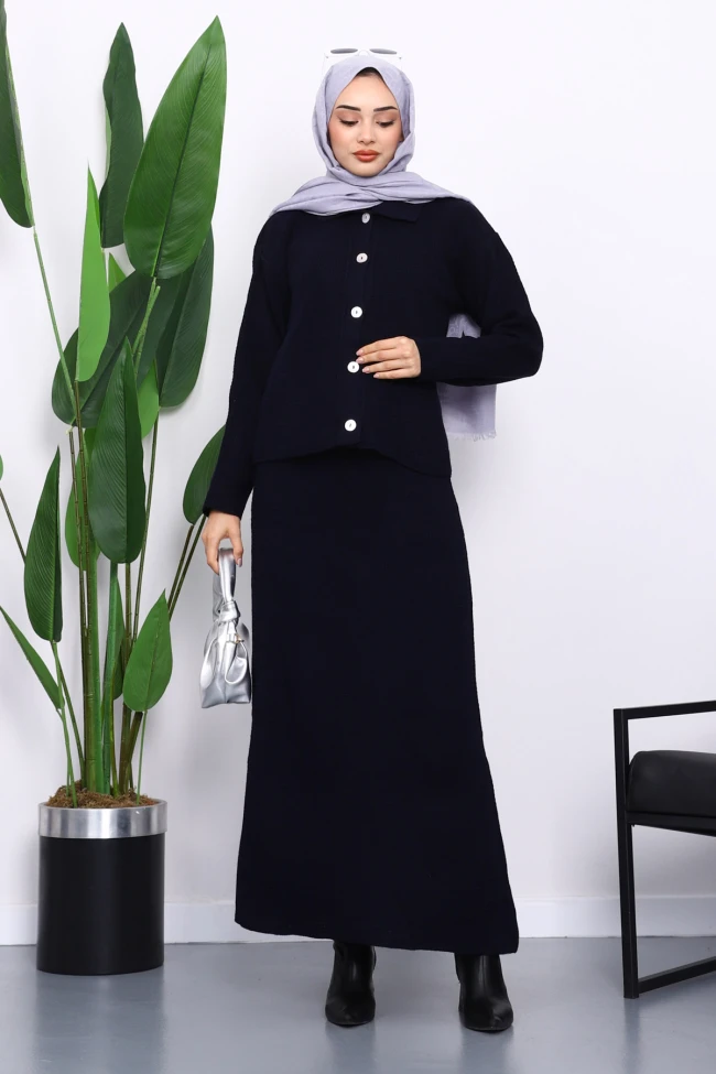 Lacivert Gömlek Yaka Düğmeli Triko Etekli Takım