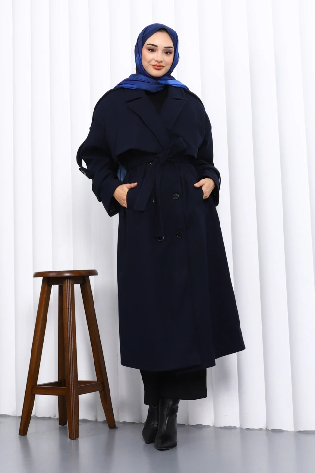 Lacivert Kravuze Yaka Astarlı Kaşe Kaban