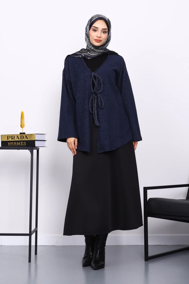 Lacivert Ön Bağlamalı Yumoş Kimono