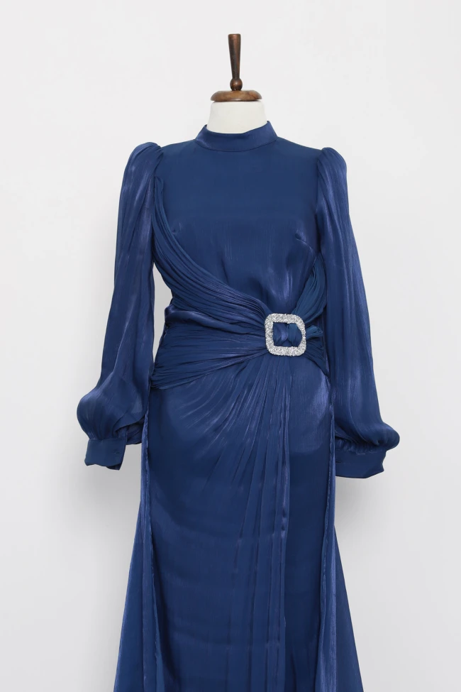 Lacivert Önü Taş Detaylı Abiye