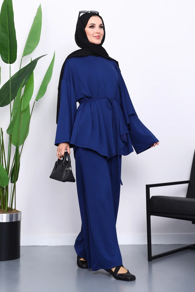 Lacivert Pelerin Detaylı Tunik Pantolonlu Takım