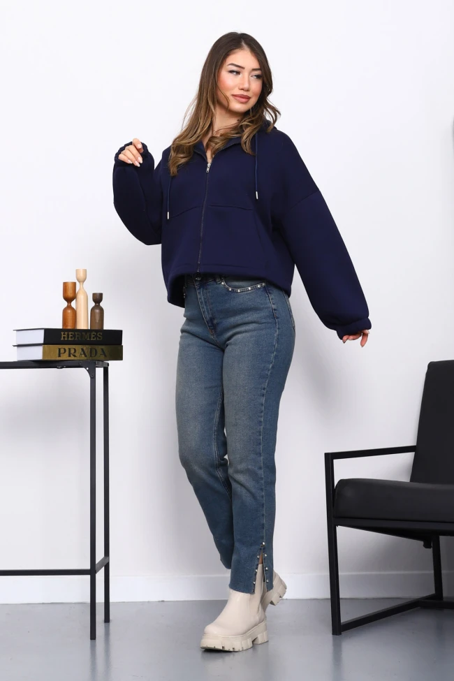 Lacivert Sağ Kol Fermuarlı Cepli Üç İplik Sweat Hırka