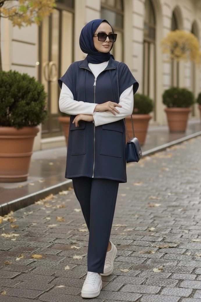 Lacivert Scuba Yelek Pantolonlu Üçlü Takım