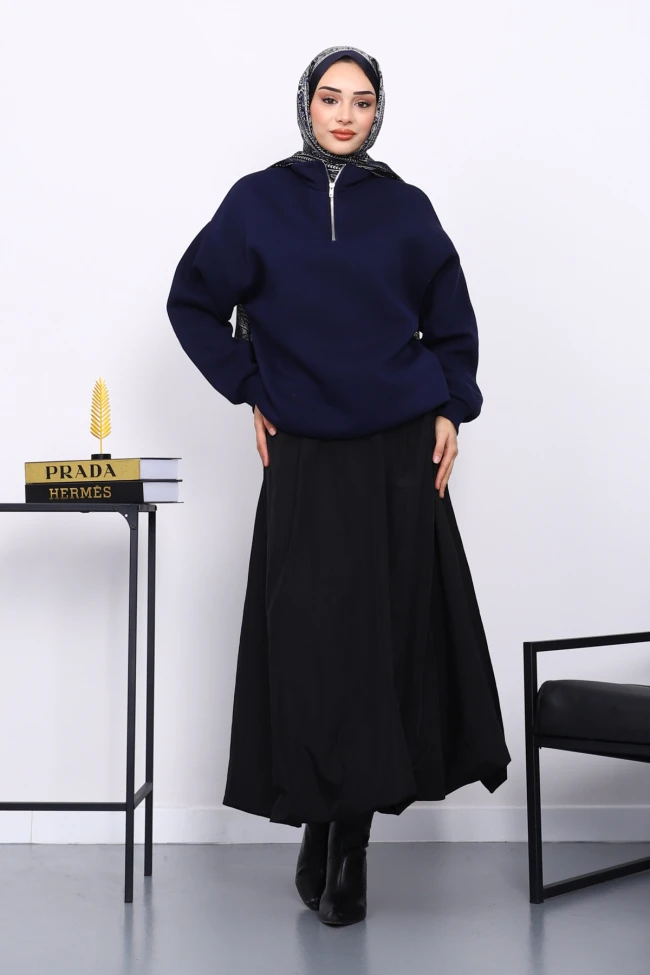 Lacivert Yaka Fermuarlı Üç İplik Şardonlu Sweat