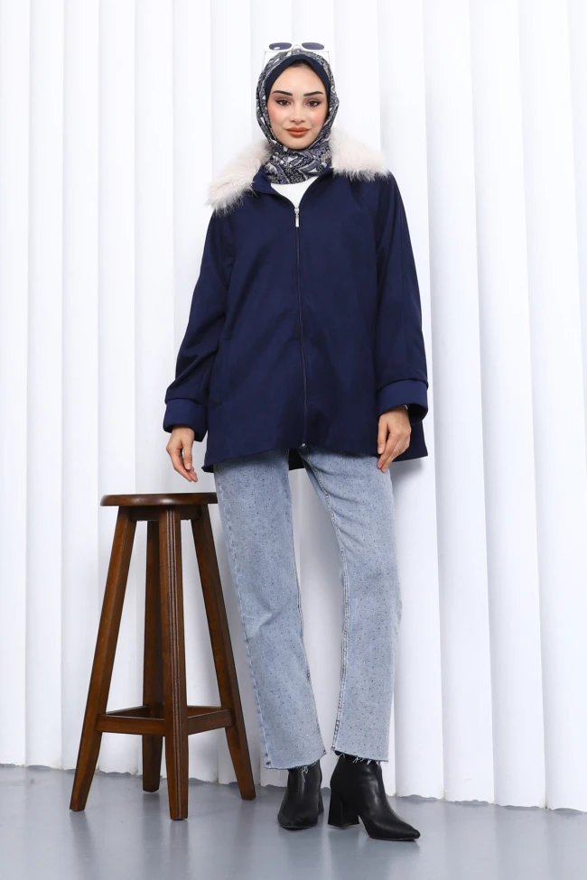 Lacivert Yaka Kürk Detaylı Süet Ceket