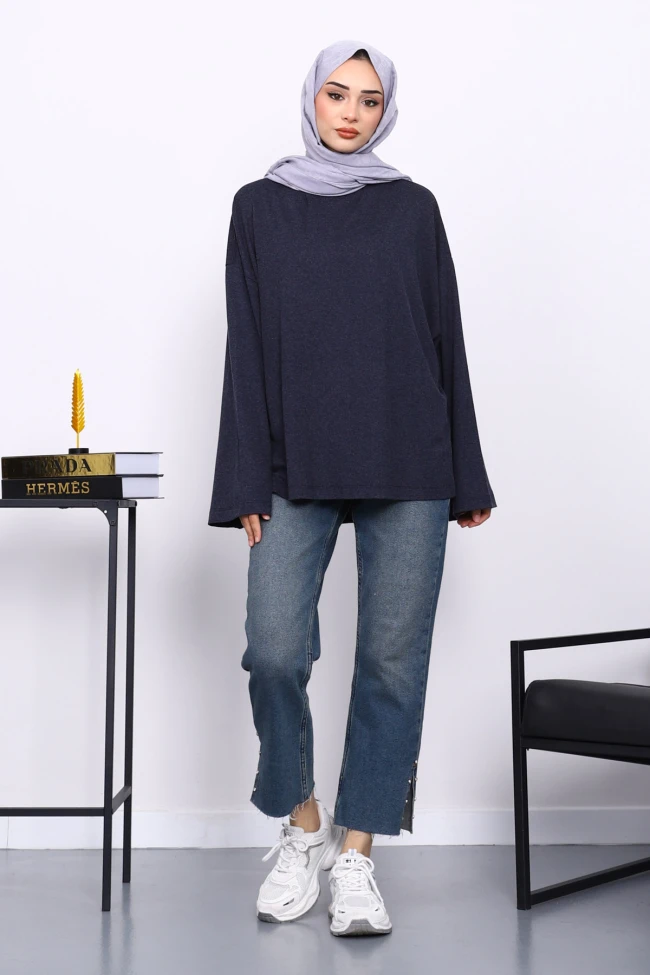 Lacivert Yarım Balıkçı Yaka Bluz