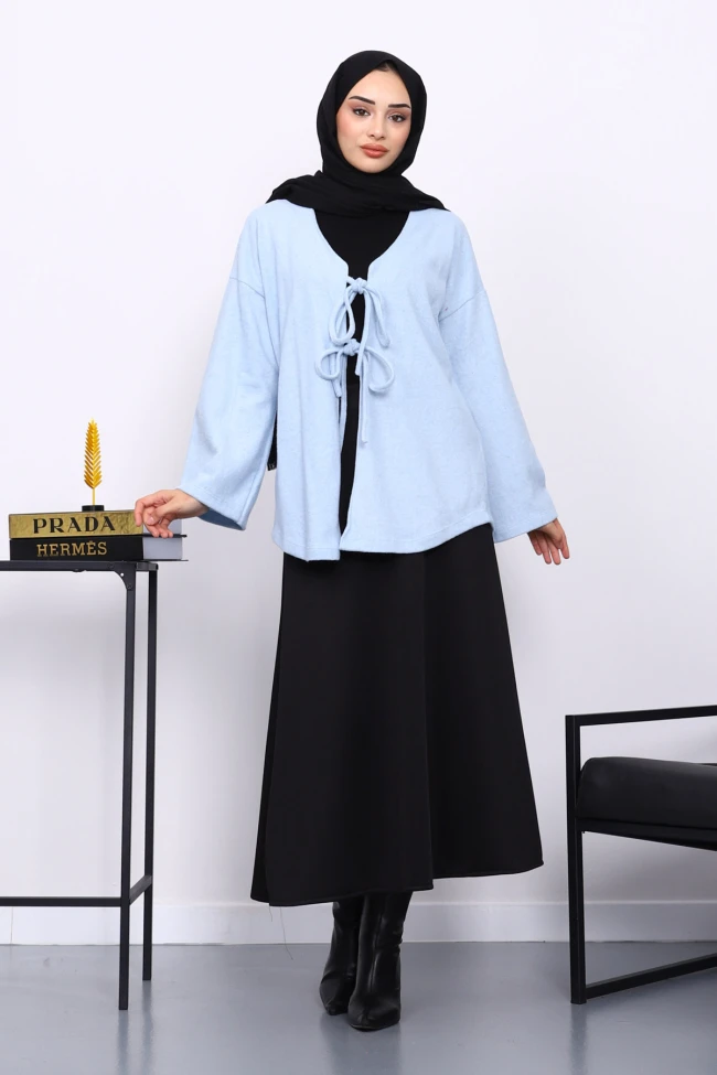 Mavi Ön Bağlamalı Yumoş Kimono