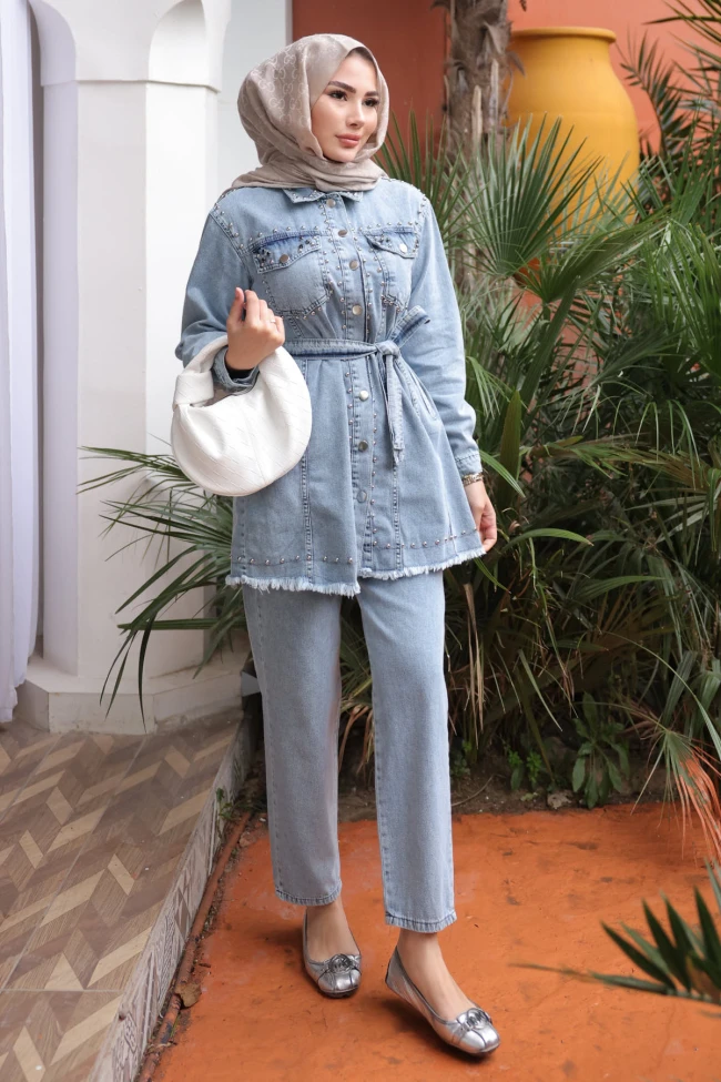 Mavi Taş İşlemeli Ceket Pantolonlu Kot Takım