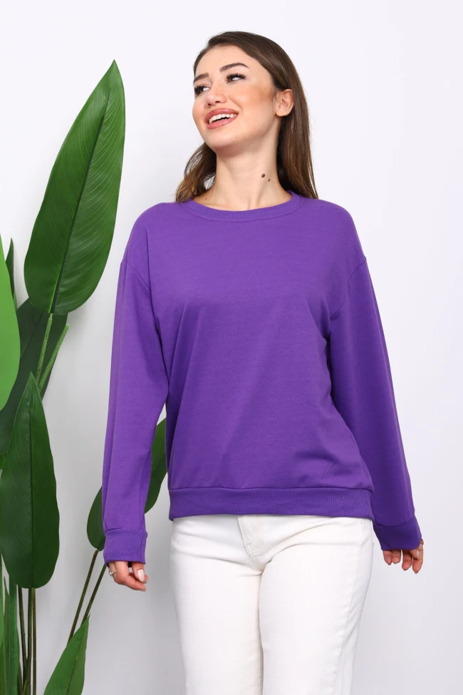 Mor Bisiklet Yaka İki İplik Sweatshirt