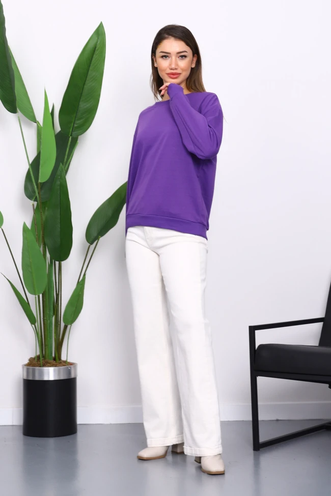 Mor Bisiklet Yaka İki İplik Sweatshirt