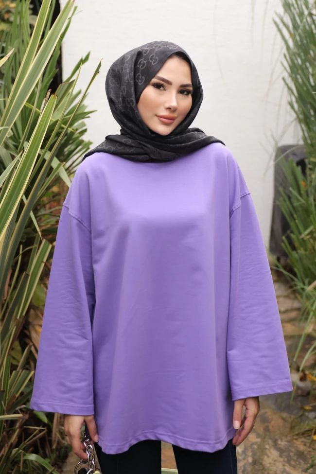 Mor Bisiklet Yaka Oversize Penye Sweat