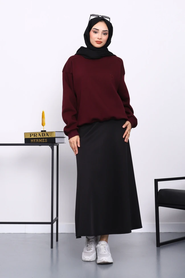 Mürdüm Bisiklet Yaka Şadonlu Üç iplik Sweat