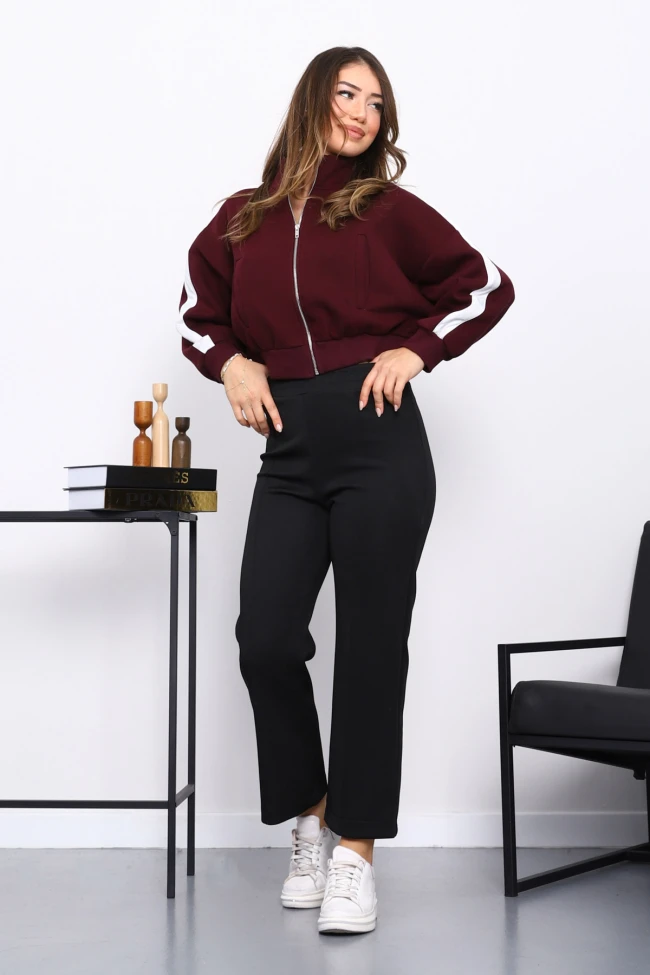 Mürdüm Fermuarlı Üç İplik Sweat Hırka