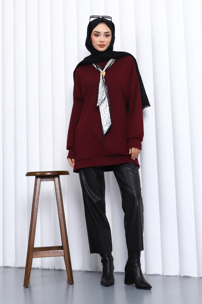 Mürdüm Fular Aksesuarlı Modal Tunik
