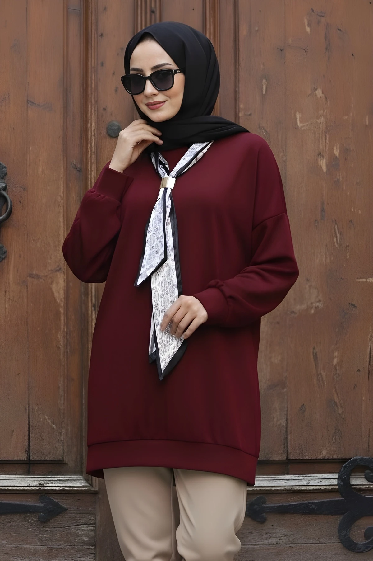 Mürdüm Fular Aksesuarlı Modal Tunik