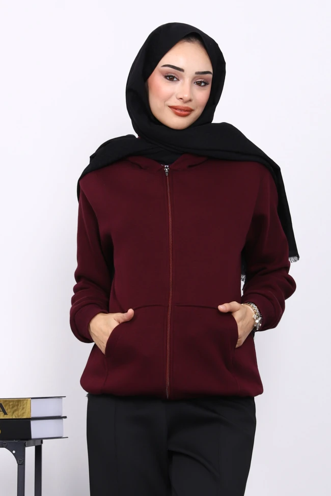 Mürdüm Kanguru Cepli Şardonlu Üç İplik Hırka