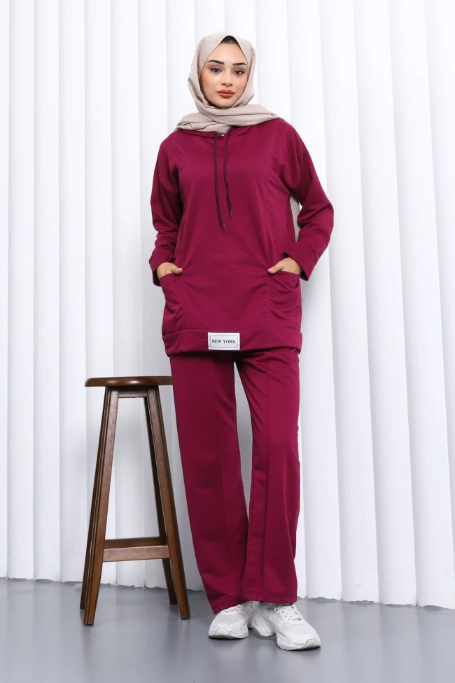 Mürdüm Önü Etiketli İki İplik Tesettür Takım